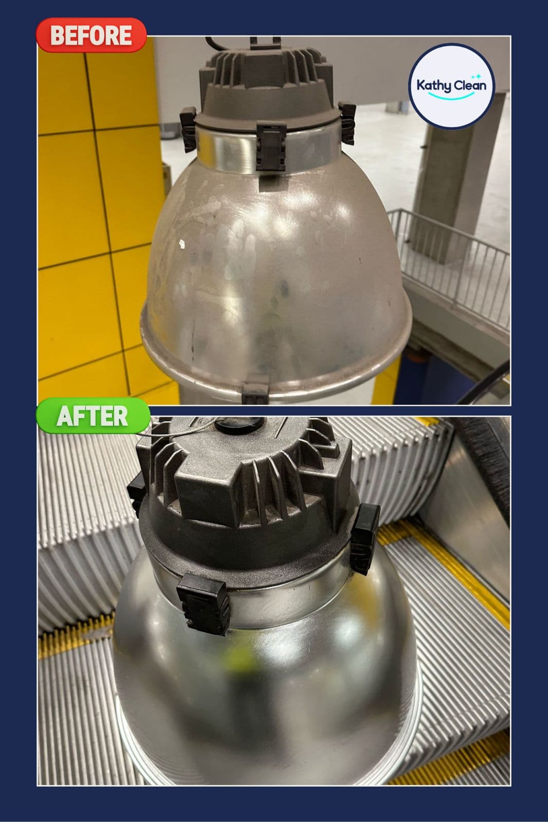 Before and after photo of industrial pendant light cleaning by Kathy Clean Denver