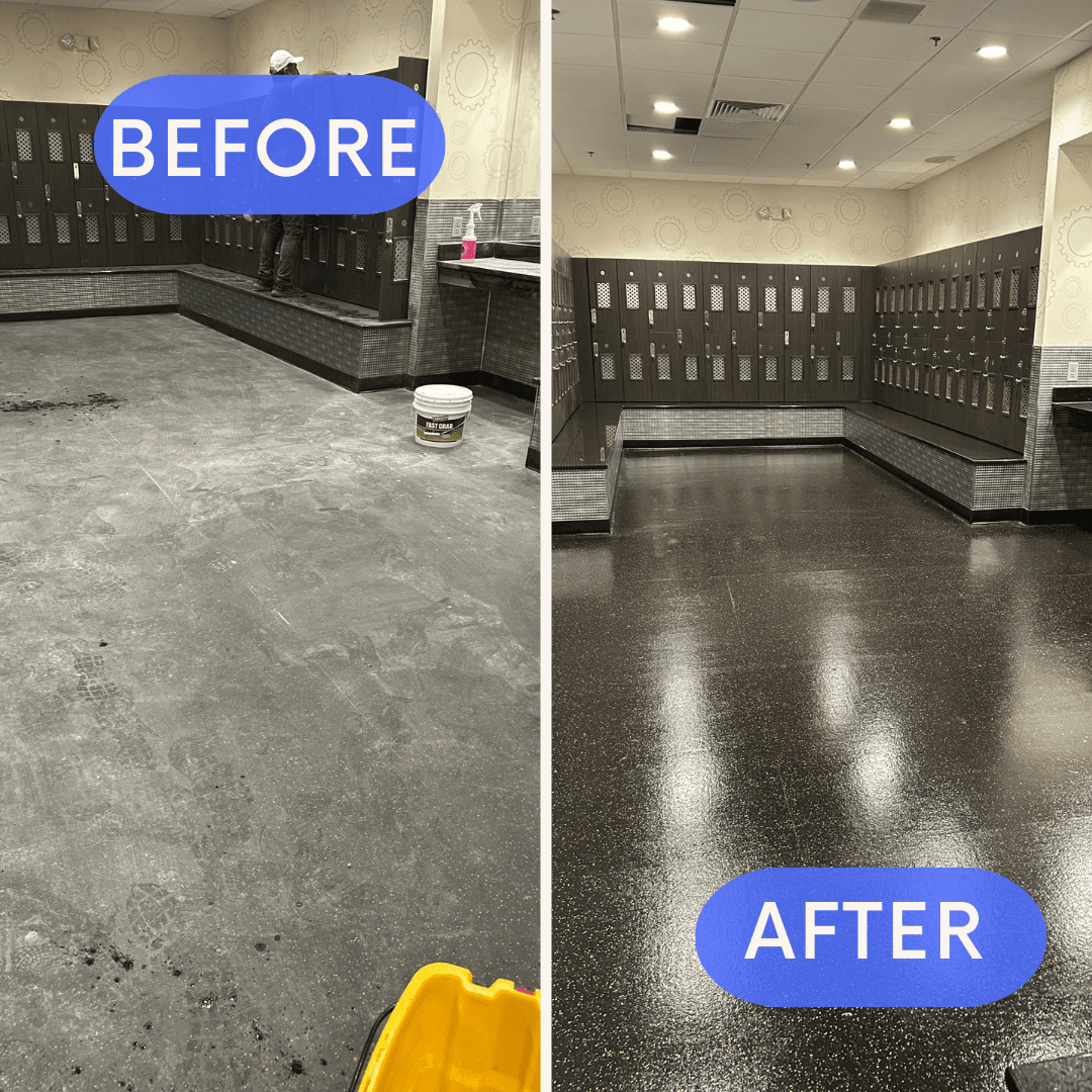 Before and after photo of post-construction locker room floor cleaning in Centennial, Denver metro