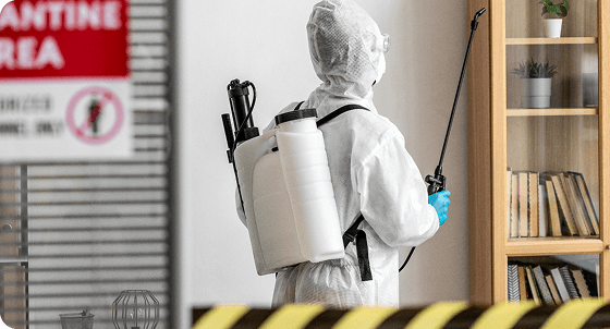Professional cleaner in protective gear providing sanitization services