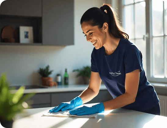 Professional cleaner with cleaning supplies in a modern kitchen